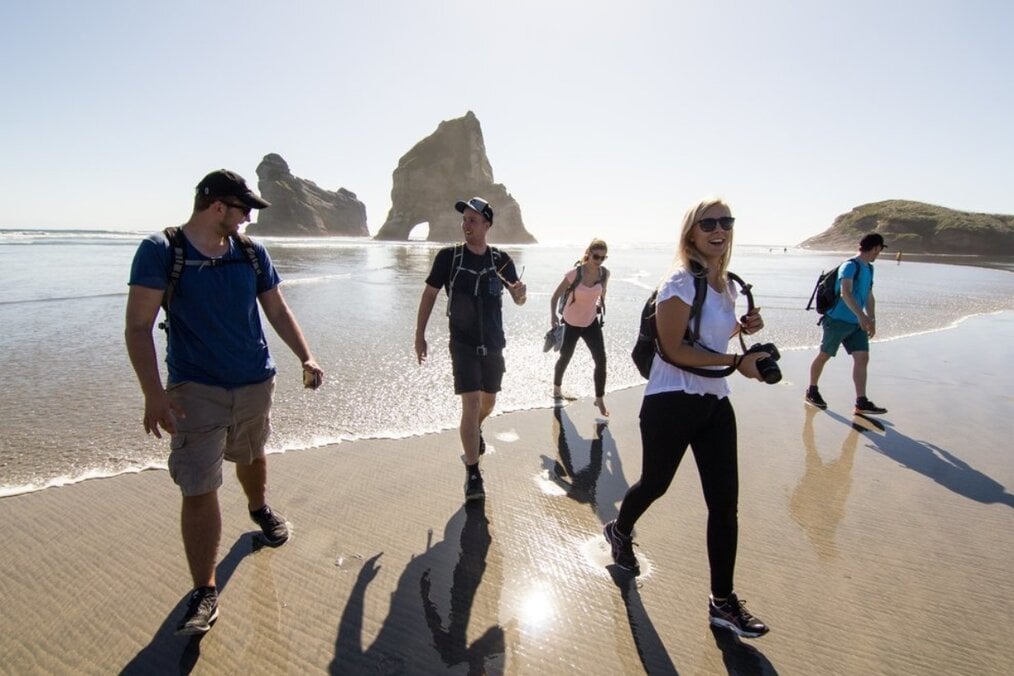 Friends walking on the beach