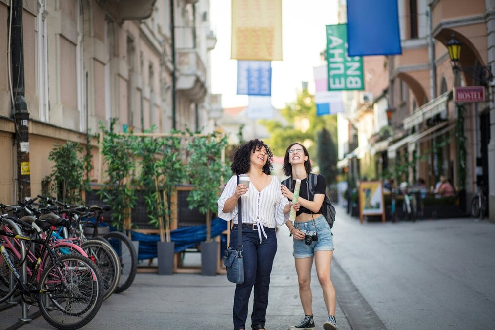 Two travelers walking together