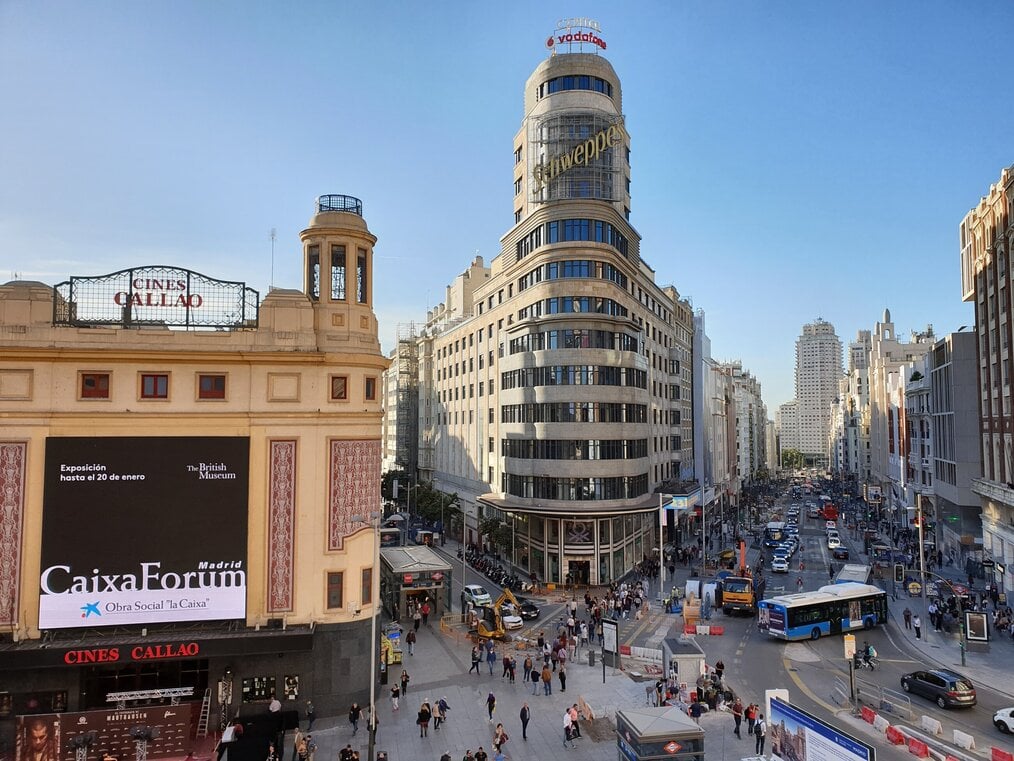 Large buildings on Gran Via in Madrid.
