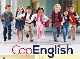 CAPENGLISH logo beneath kids running