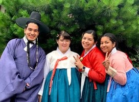 Students trying hanbok in Seoul.