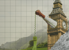 Big Ben with an arm holding a wire Collage